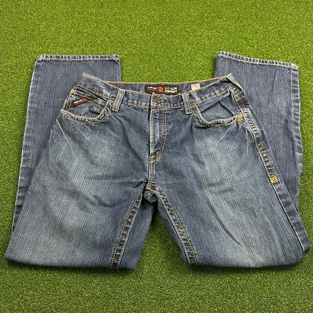 Ariat Mens Medium Wash Denim Work FR M5 Slim Straight Jeans Sz 34x32